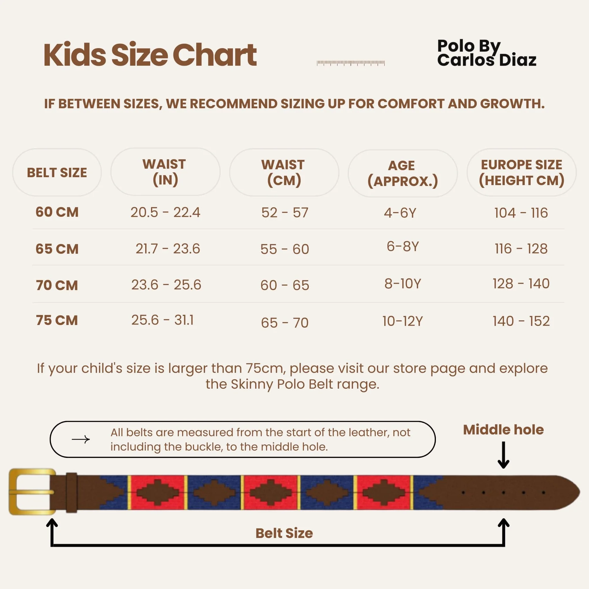 Carlos Diaz Niños Muchachos Niños Niños Unisex Argentinos Marrón Piel Bordado Polo Belt