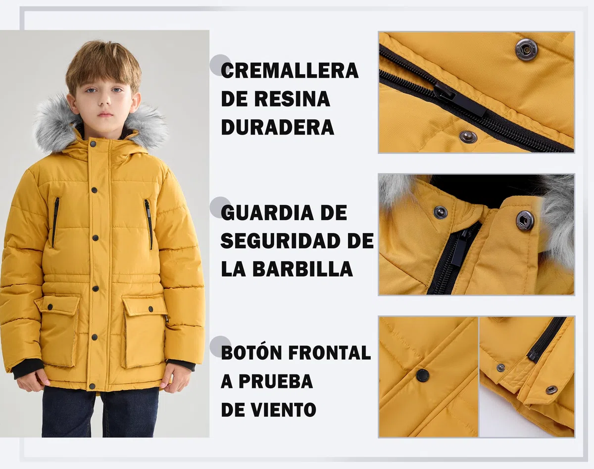 maoo garden Abrigo de Invierno Acolchado para Niños, Chaqueta con Capucha de Piel Forrada de Sherpa de Peso Pesado para Niños Grandes, Parka de Nieve Resistente al Agua