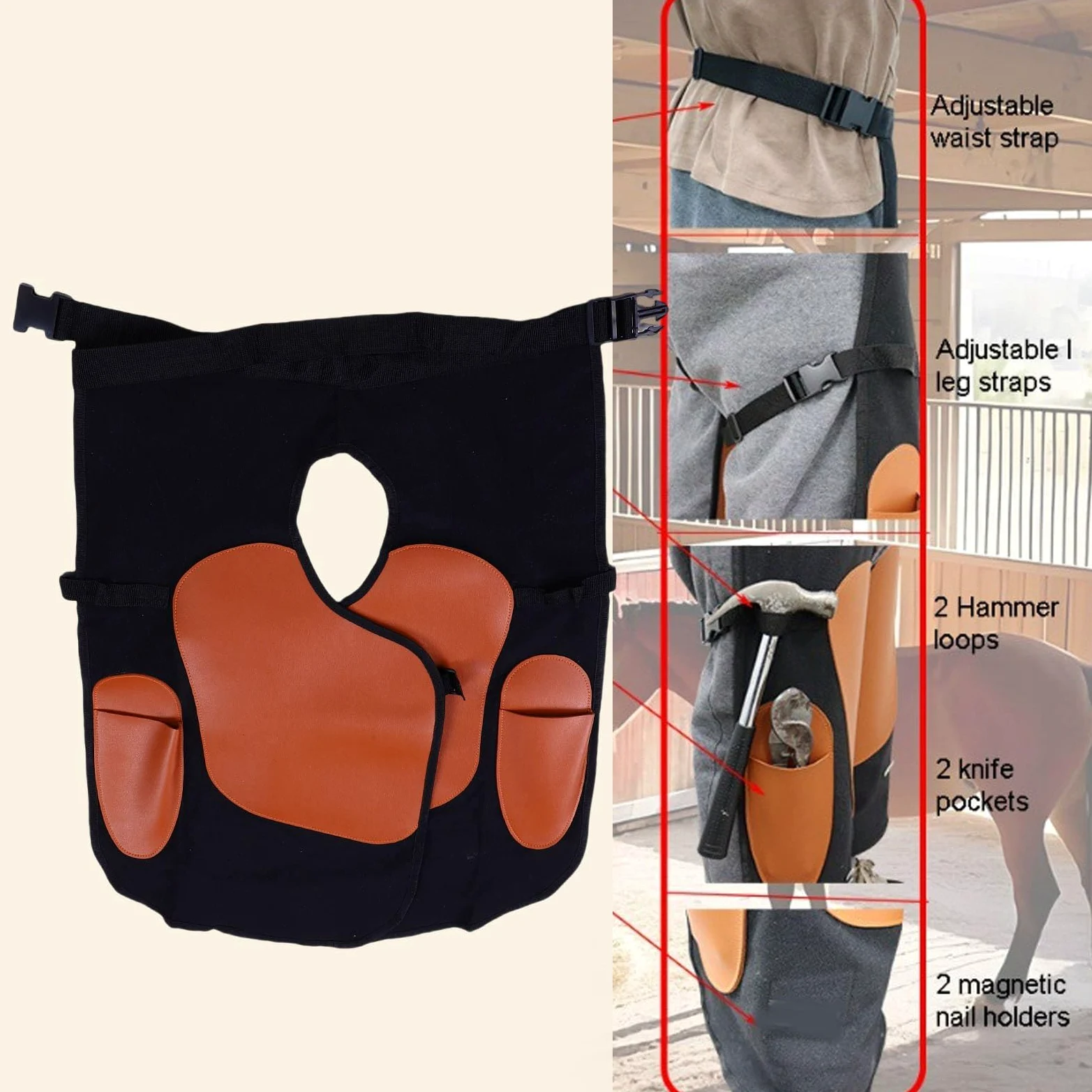 Yctze Delantal para cascos, Herramientas de herrador Con Piel de vaca, gamuza, lino Cinturón ajustable Ergonómico Delantal para el cuidado de los cascos Para herrar y cuidar los cascos
