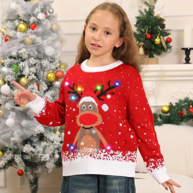 Kouric Jersey Navideño Niño con Luces,Jersey Navidad Niño/Niña con Estampado de Reno en la Nieve,Ugly Christmas Sweater,Jerseys Navideños con Luces,Suéter Navideño Gracioso,Christmas Jumper