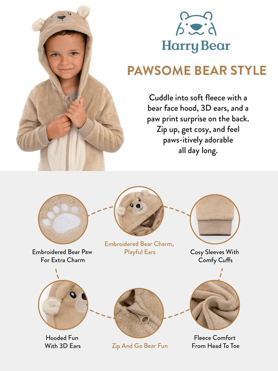 Harry Bear Pijama Enterizo Infantil con Capucha Oso Conejo, Dinosaurio En Forro Polar Suave con Cremallera Pijama Todo En Uno