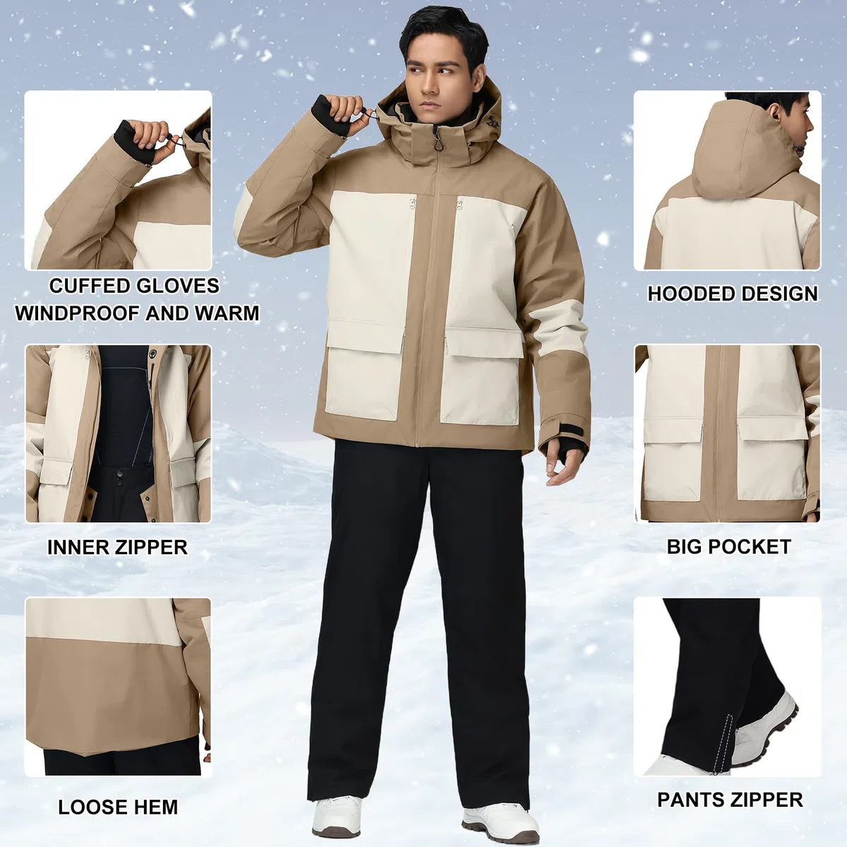 HOUZONIY Traje de nieve para hombre, chaqueta de esquí y pantalones de esquí, juego de dos piezas, ropa de esquí al aire libre, resistente al viento, traje de esquí con capucha para esquiar, snowboard