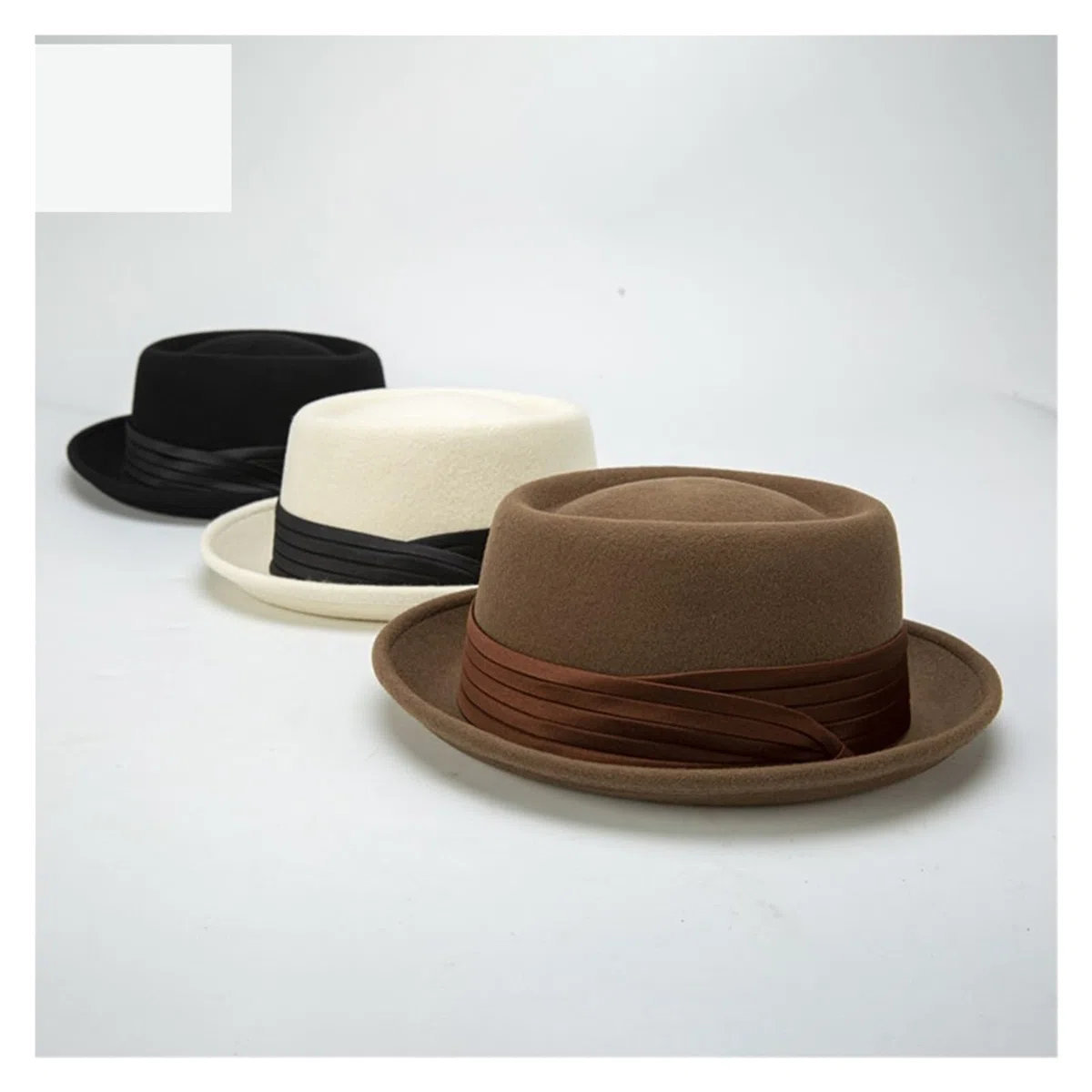 Sombrero Pork Pie de ala enrollada negro for hombre, sombrero Fedora lana blanca, gorra jazz invierno, caballeros Parte Superior Plana(Black,M 56 to 58cm)