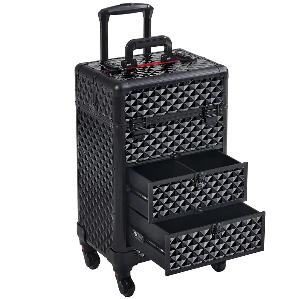 Yaheetech Maletín de Maquillaje Profesional con Cajones Maletín de Cosméticos con Ruedas Giratorio de Viaje para Esteticista 34.5 × 24.5 × 58 cm Negro