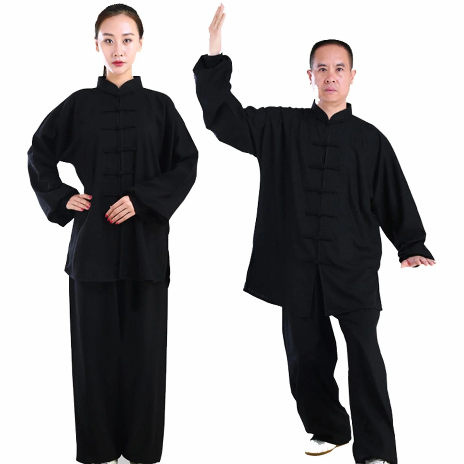 Traje de Tai Chi de Manga Larga Kung Fu Traje Mujer Hombre Ropa De Artes Marciales Algodón y Lino Kung Fu y Wing Chun Ropa,Black-L