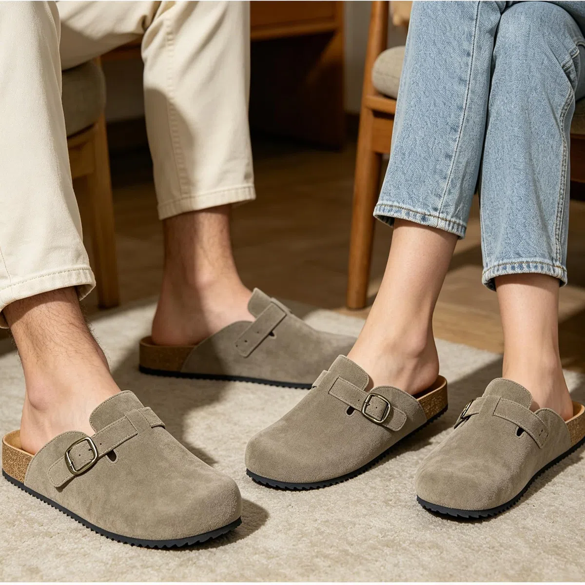 Intini Zuecos y Mules para Hombre Mujer Pantuflas de Piel con Corcho Cerradas Zapatillas de Jardín Sandalias con Hebilla Ajustables Cómoda 36-46