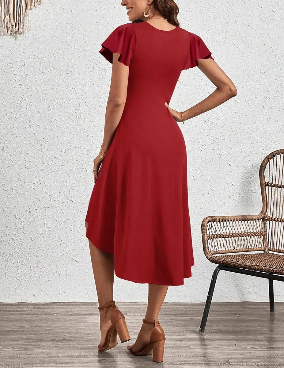 Vestido Mujer Elegante Verano Manga Corta Pliegue en la Cintura Vestido A-línea Coctel Vestidos de Boda Invitada