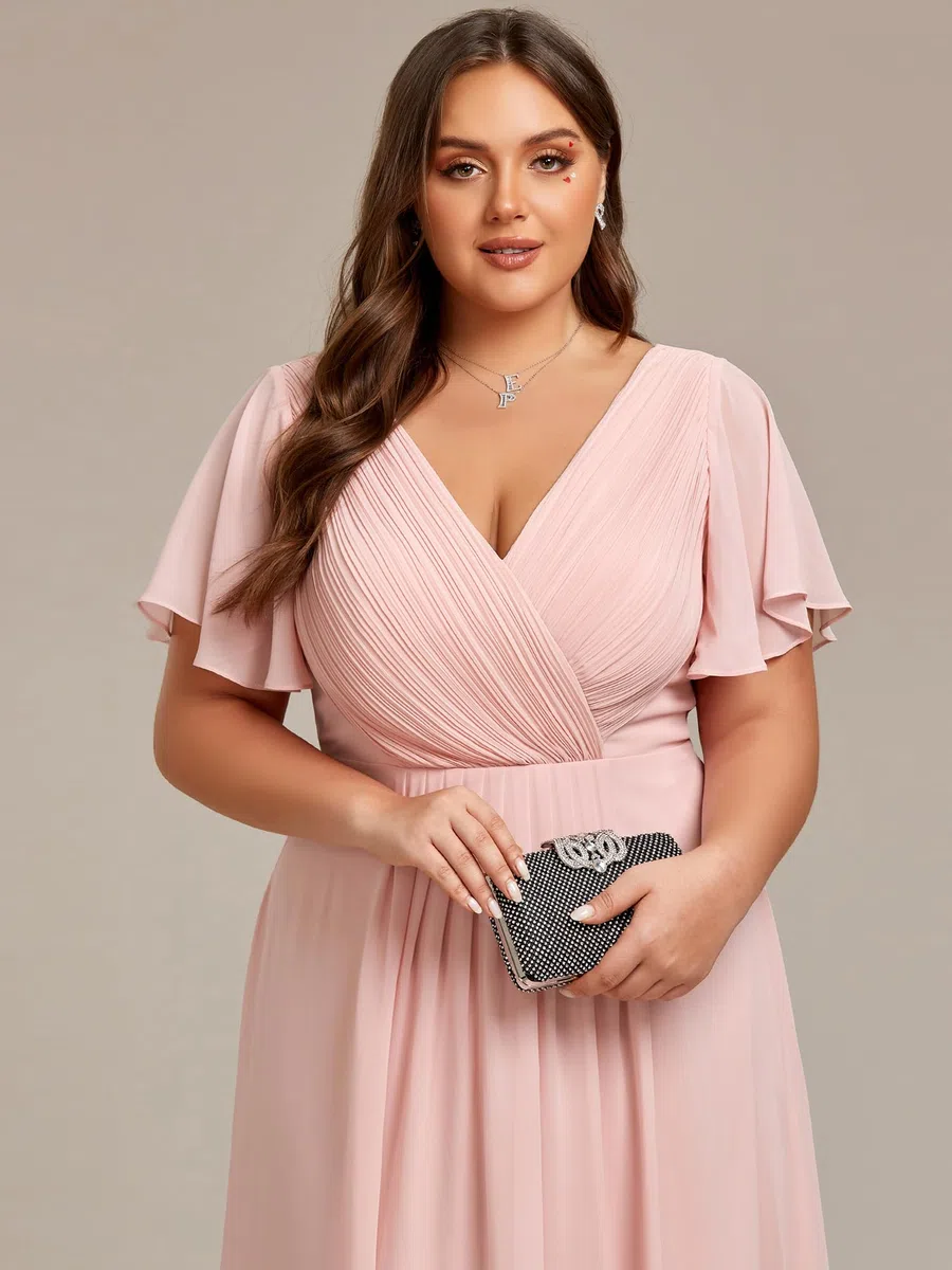 Ever-Pretty Vestido acampanado de gasa con cuello en V, manga corta, largo hasta la rodilla, talla grande, vestidos de invitada de boda para mujeres con curvas 01923-DA