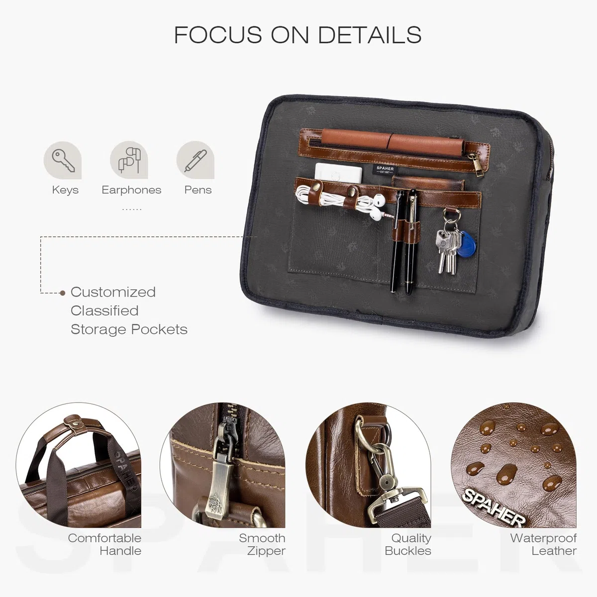 SPAHER Maletín Portátil 15.6 Pulgadas Cuero Hombre Portadocumentos Ordenador de Trabajo Regalo