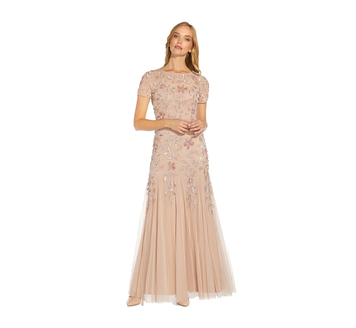 Adrianna Papell Floral Beaded Godet - Vestido de Manga Corta para Mujer