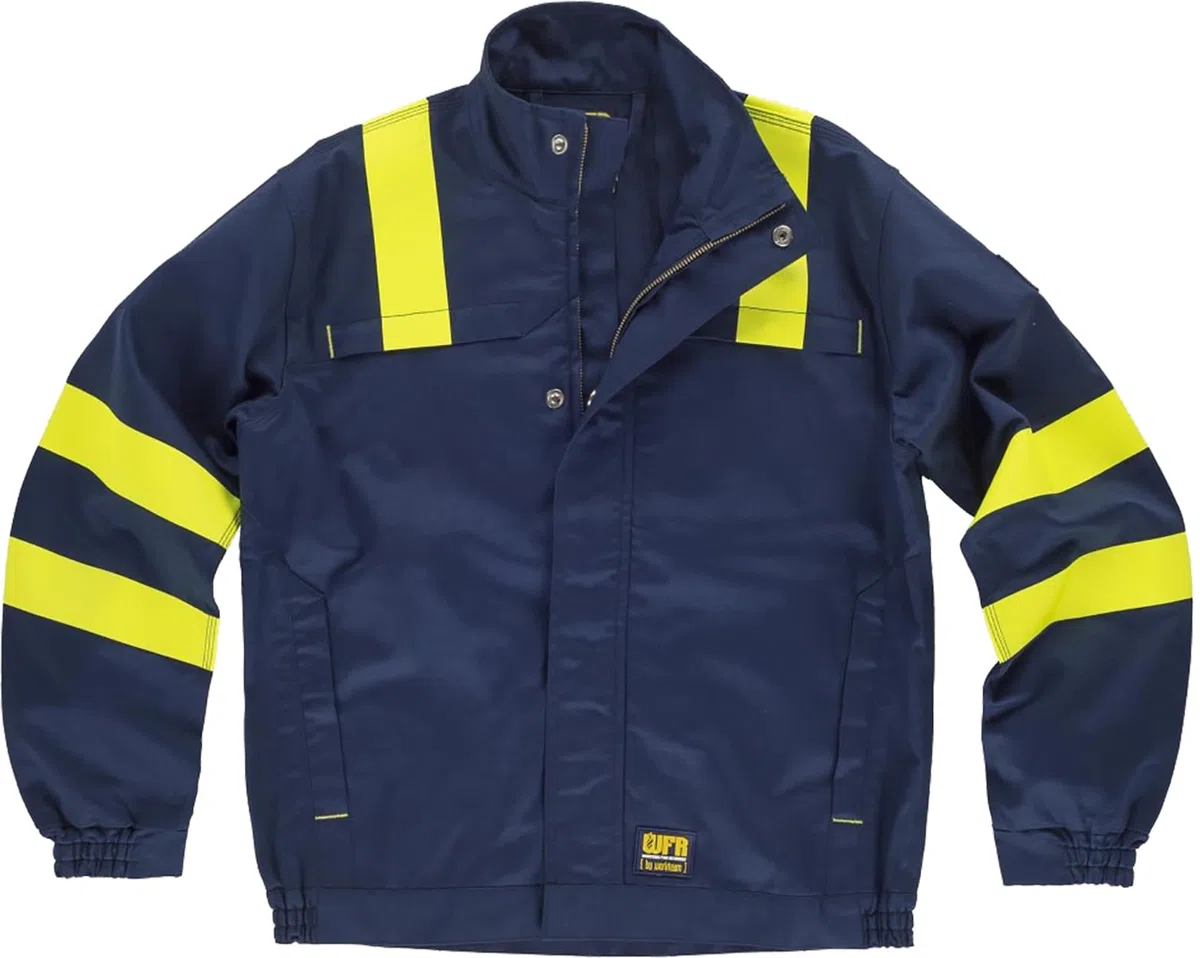 WORKTEAM B1196 Cazadora Ignífuga, Antiestática con protección para Soldadura y Arco Eléctrico, Visibilidad Realzada, Cintas Fluorescentes Amarillas y Triple Costura. Unisex