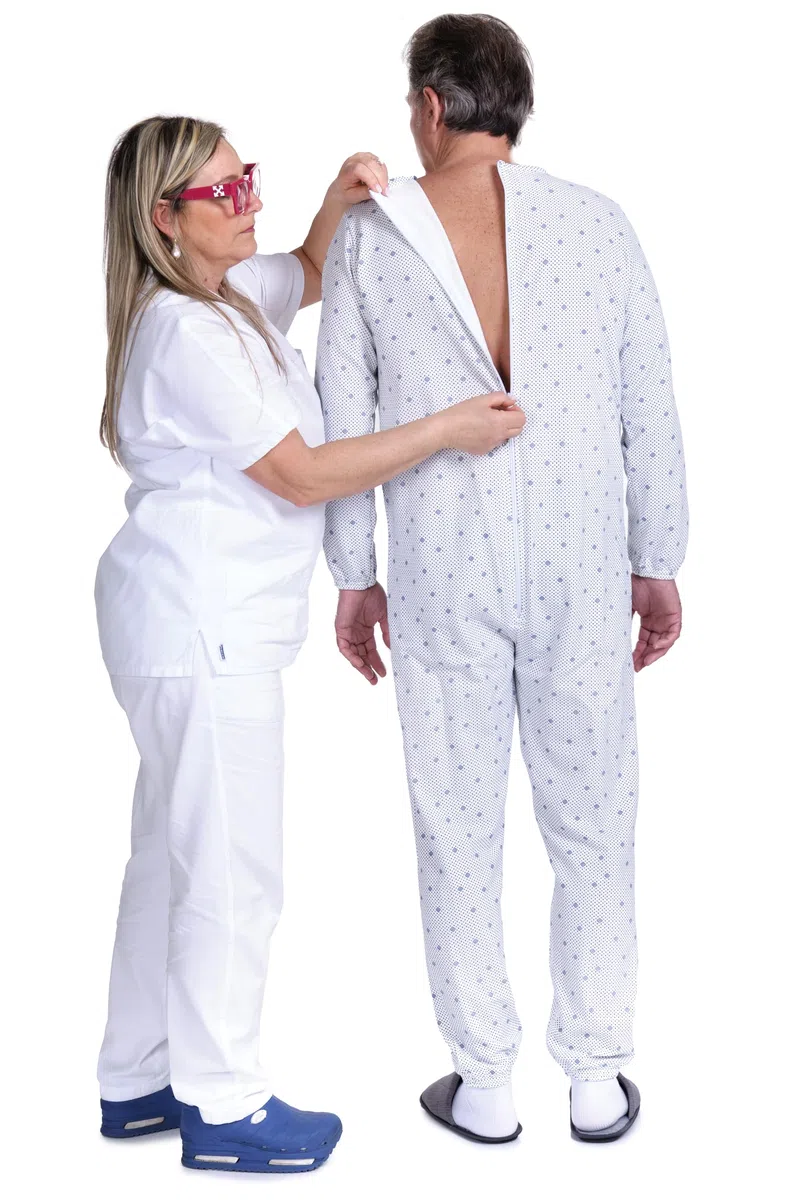 FERRUCCI COMFORT Pijama de algodón fresco para ancianos, manga larga, cierre de espalda e interior de pierna, incontinencia, Alzheimer, fabricado en Italia