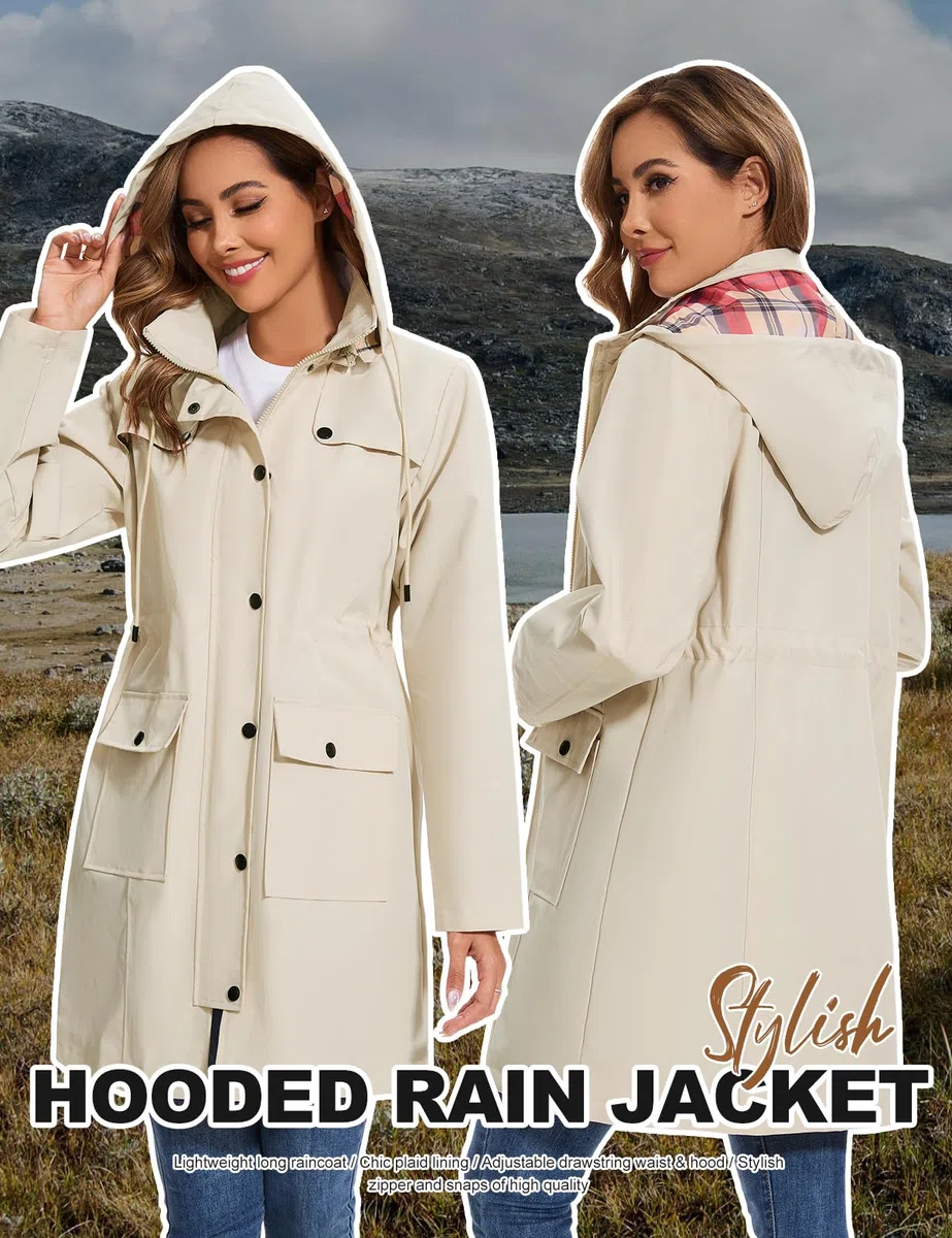 Tuopuda Chubasquero Mujer Impermeable Largo Chaqueta Ligera Parkas Cortaviento con Capucha Cremallera Softshelljakce Primavera Otoño Raincoat Abrigo para Exteriores Cercanías