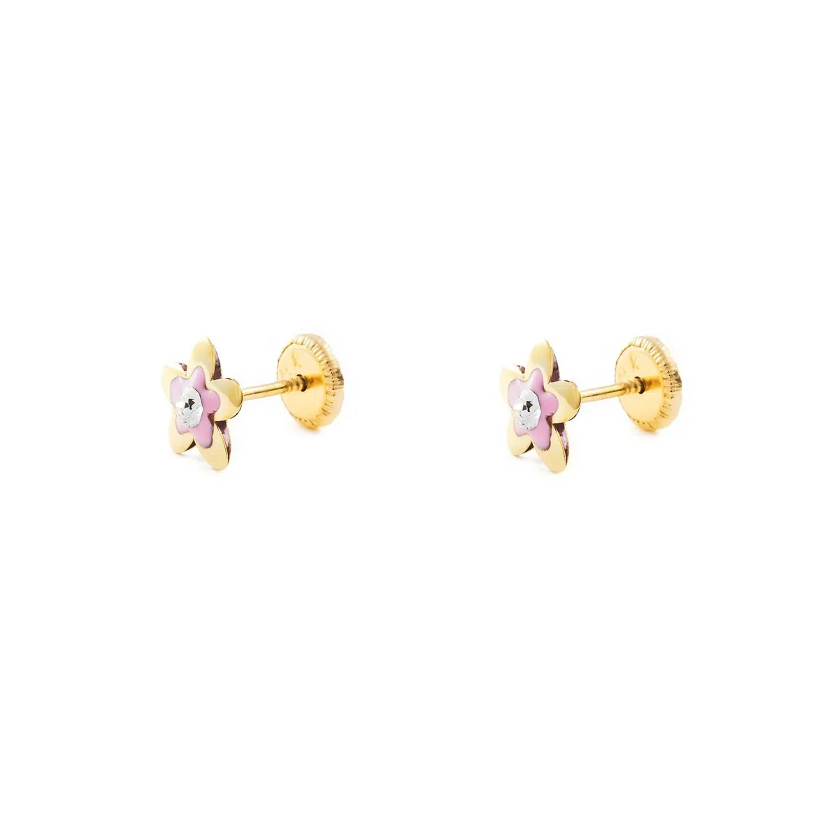 Pendientes Oro Niña flor esmalte rosa y circon (9kts) - Estuche Regalo - Certificado de Garantía - Mondepetit