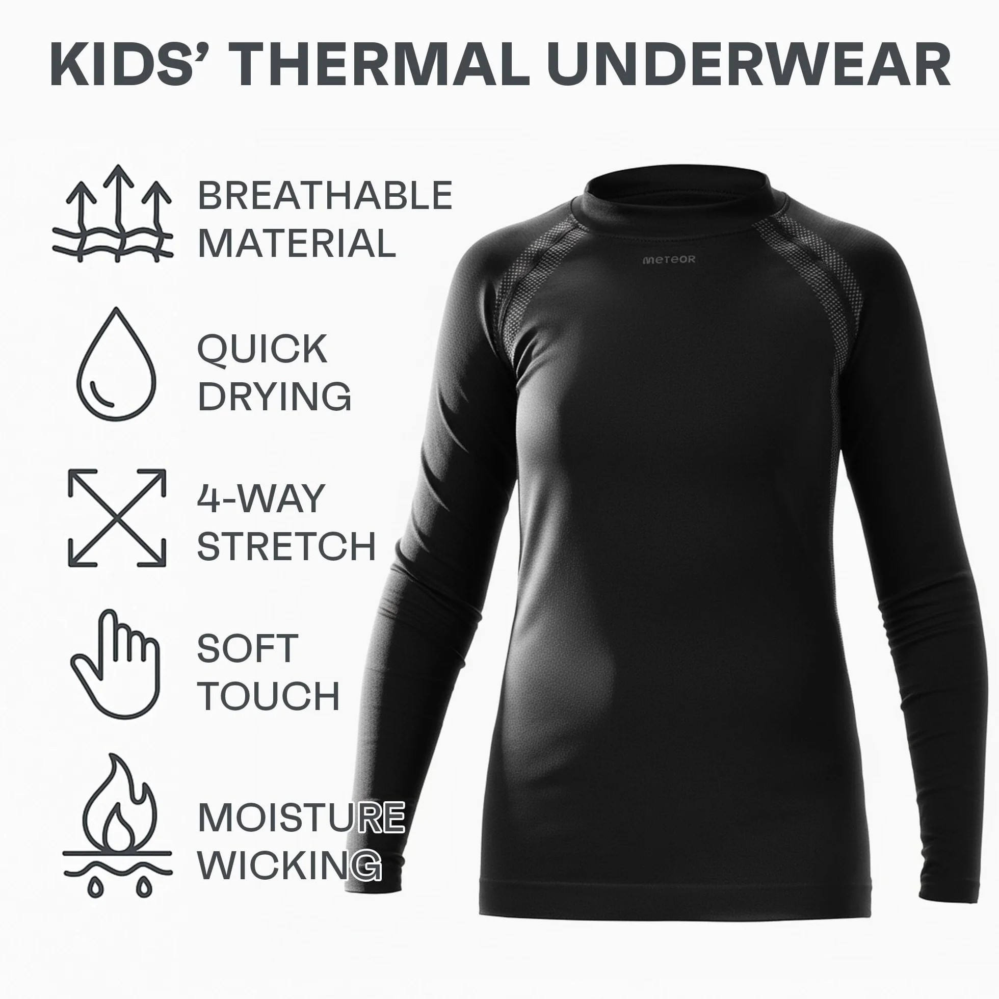 meteor Conjunto Ropa Interior Térmica para Niños - Camiseta de Manga Larga y Pantalón - Set Infantil Elástico para Esquí Snowboard Acampada y Senderismo para Niño y Niña
