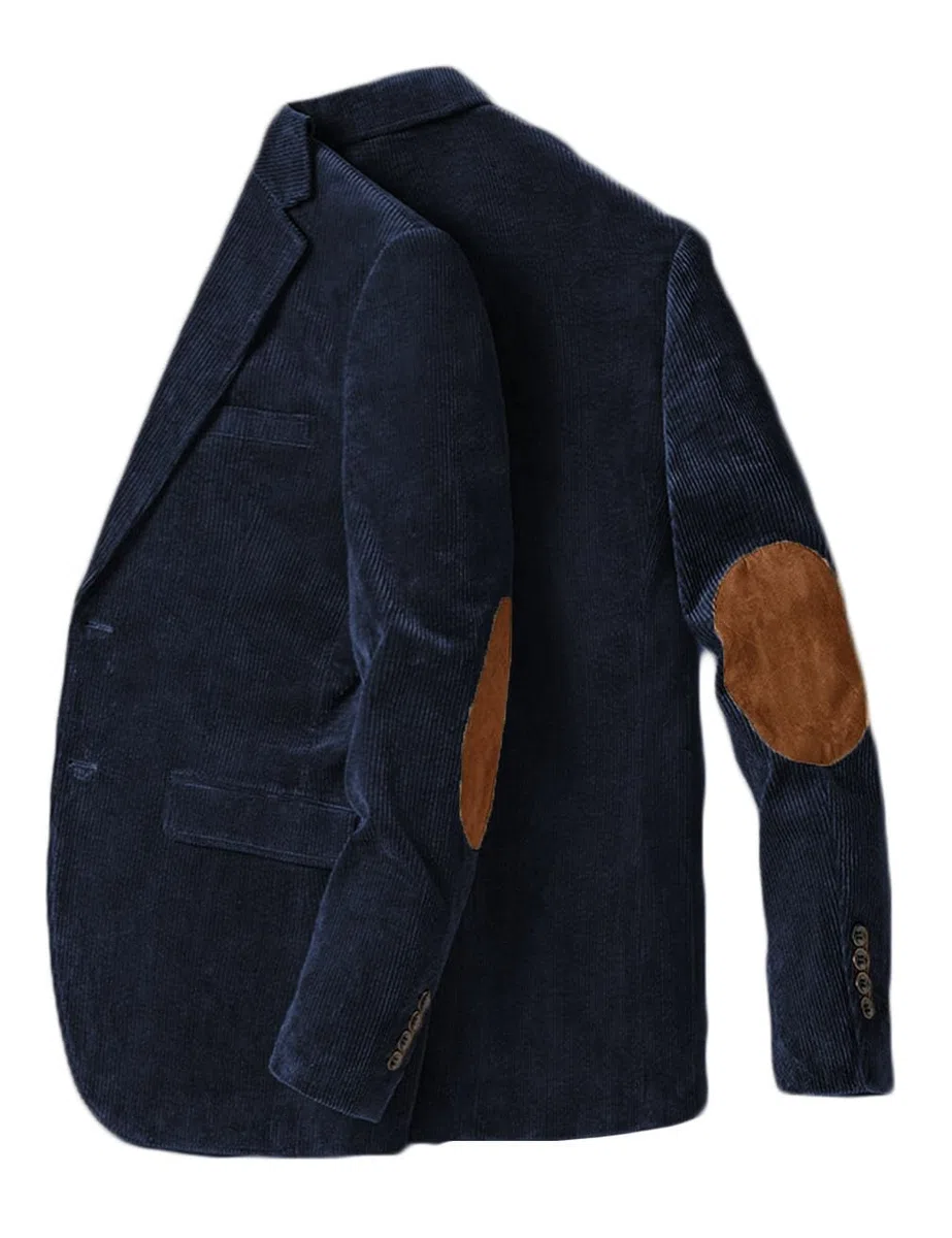 Chaqueta tipo blazer con parche en el codo para hombre, de pana, casual, con solapa de muesca, esmoquin de boda