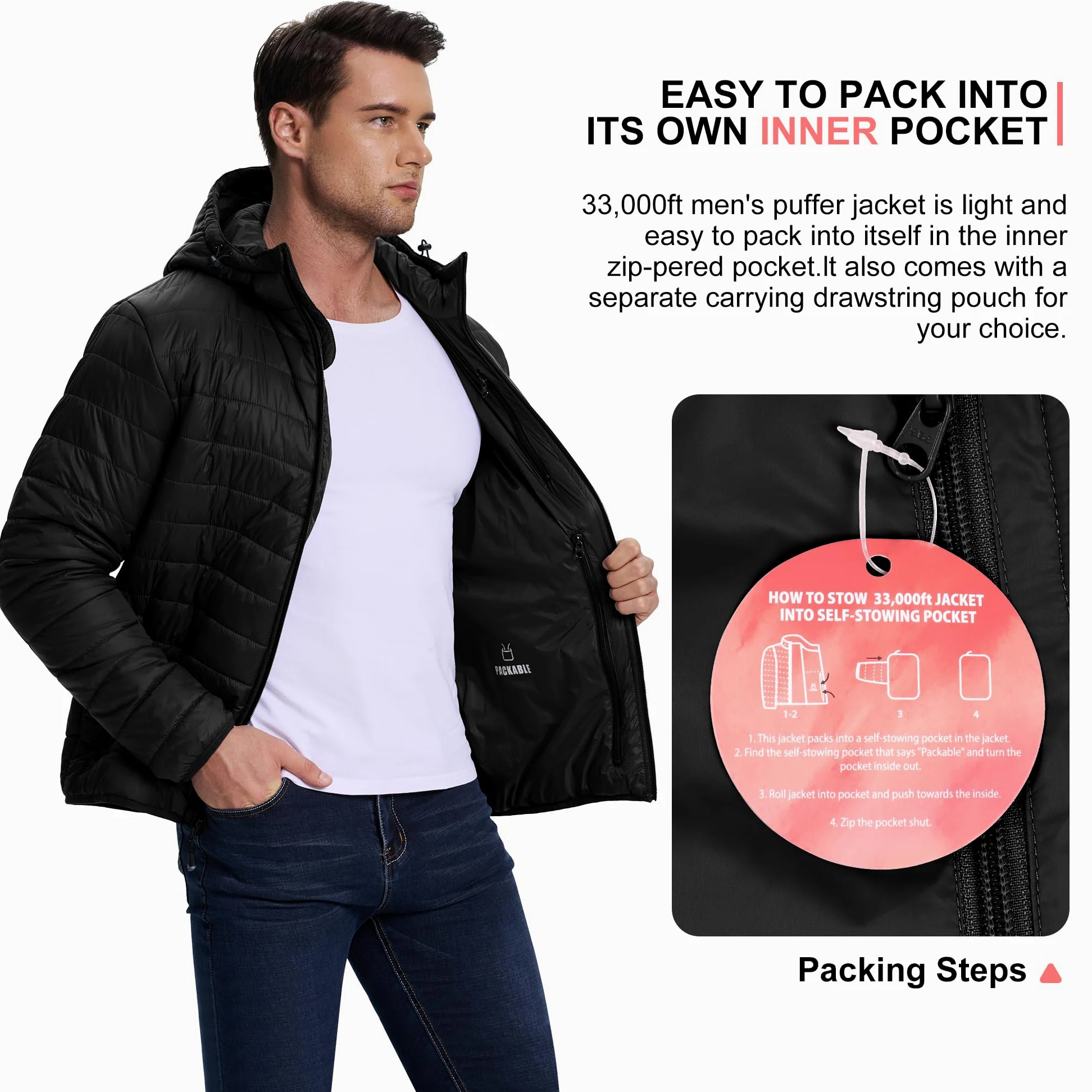 33,000ft Chaqueta acolchada ligera para hombre, chaqueta de entretiempo resistente al agua, cálida chaqueta de invierno para hombres, con capucha, abrigos de invierno, chaqueta amortiguadora plegable