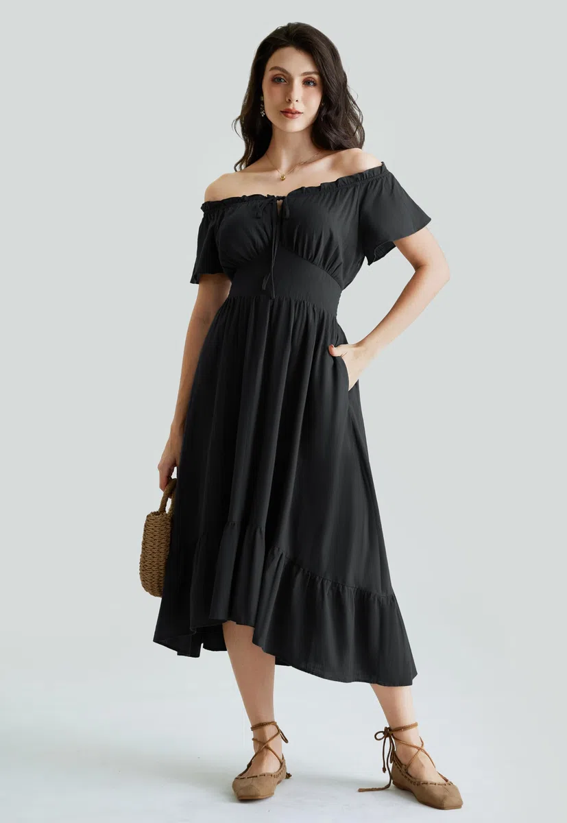 SCARLET DARKNESS Vestido largo renacentista con hombros descubiertos y dobladillo asimétrico para mujer