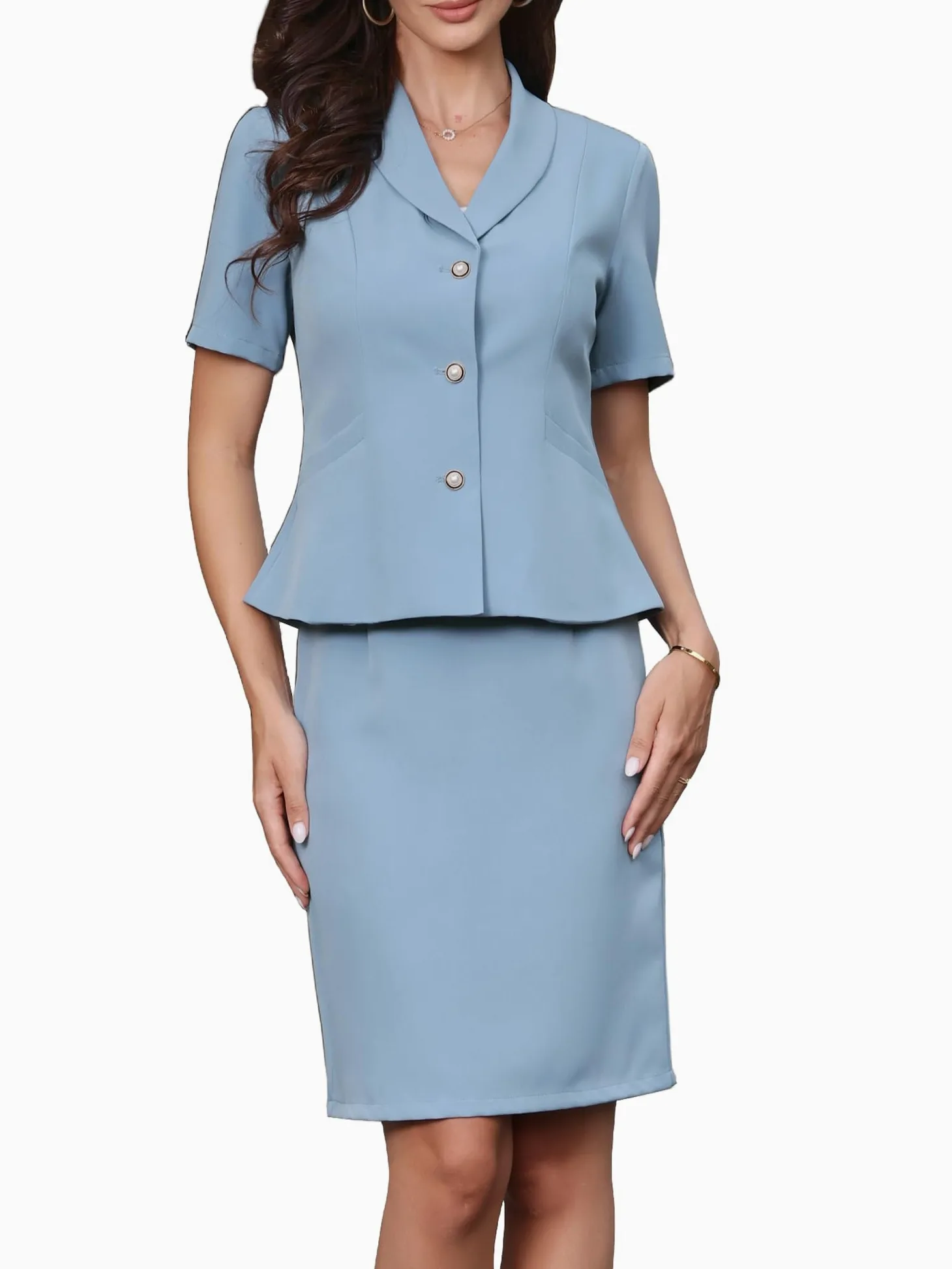 Allegra K Conjuntos de Traje y Falda de 2 Piezas para Mujer con Blazer de Manga Corta y Falda Lápiz para Oficina Formal e Informal
