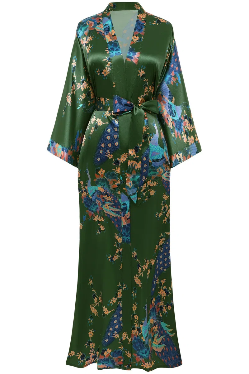 ArtiDeco Vestido Kimono Pijama de Seda Novia Kimono de Seda Ropa de Dormir de Satén Estampado Pavo Real