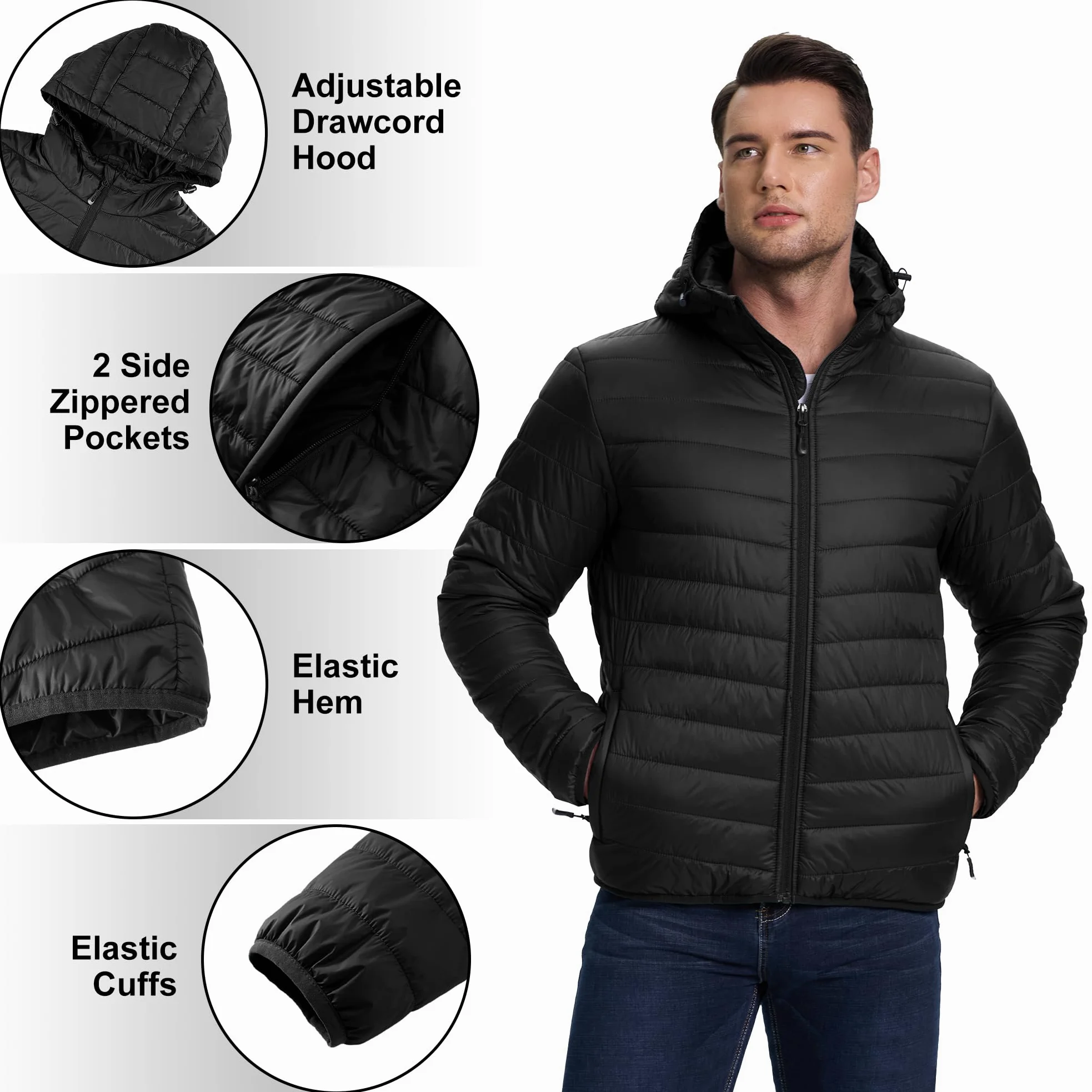 33,000ft Chaqueta acolchada ligera para hombre, chaqueta de entretiempo resistente al agua, cálida chaqueta de invierno para hombres, con capucha, abrigos de invierno, chaqueta amortiguadora plegable
