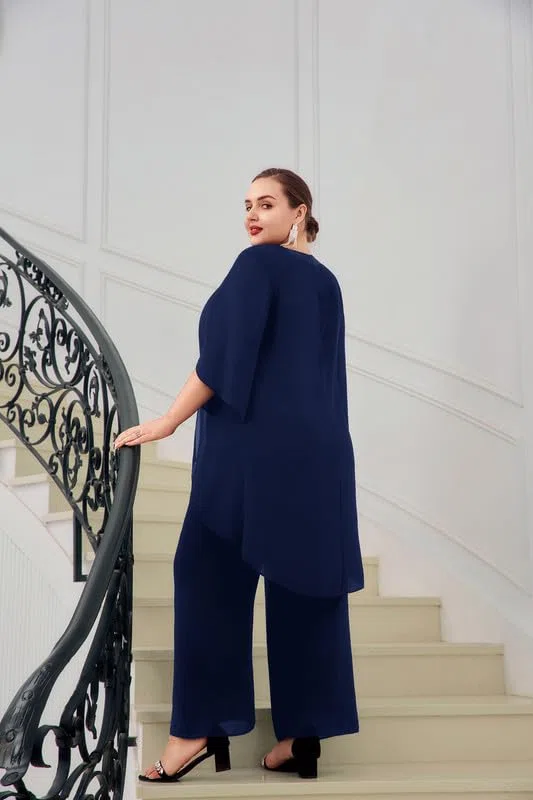 Hanna Nikole Traje de noche de gasa para mujer, tallas grandes, traje elegante de dos piezas, traje festivo para invitadas de boda, fiesta de cóctel, moda de noche, lentejuelas, cuello redondo y