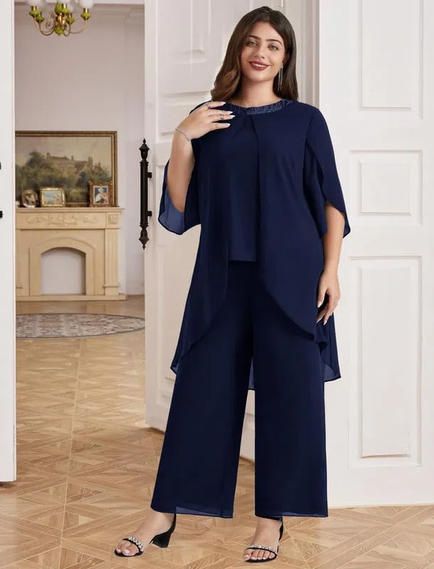 Hanna Nikole Traje de noche de gasa para mujer, tallas grandes, traje elegante de dos piezas, traje festivo para invitadas de boda, fiesta de cóctel, moda de noche, lentejuelas, cuello redondo y