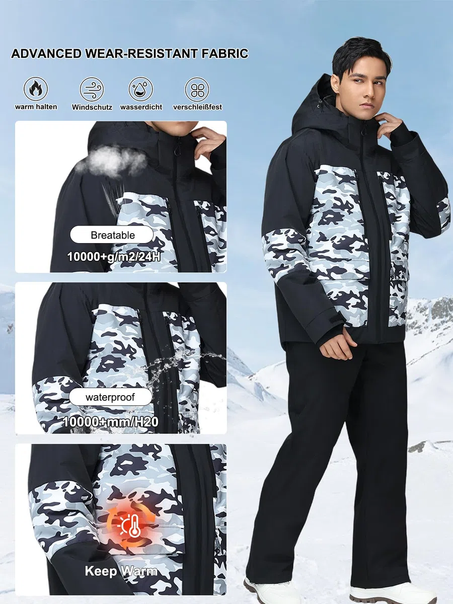 HOTIAN Conjunto de chaqueta y pantalones de esquí para hombre, transpirable, traje de esquí impermeable, resistente al viento, traje de nieve con capucha desmontable