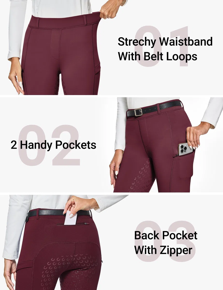 FitsT4 Sports Pantalones de equitación de invierno para mujer con bolsillos con cremallera, mallas de equitación con forro polar