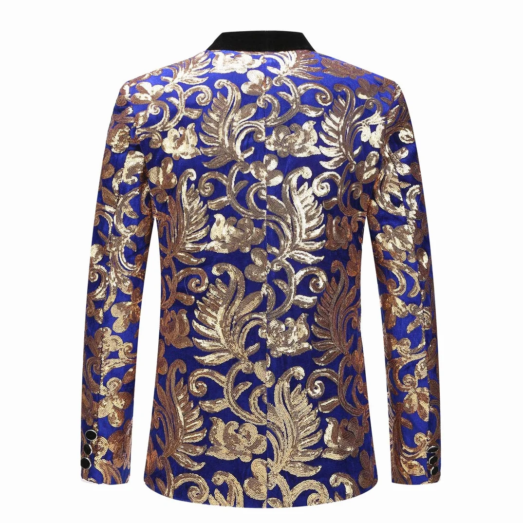 Hombres Moda Terciopelo Lentejuelas Patrón Floral Traje Chaqueta Blazer