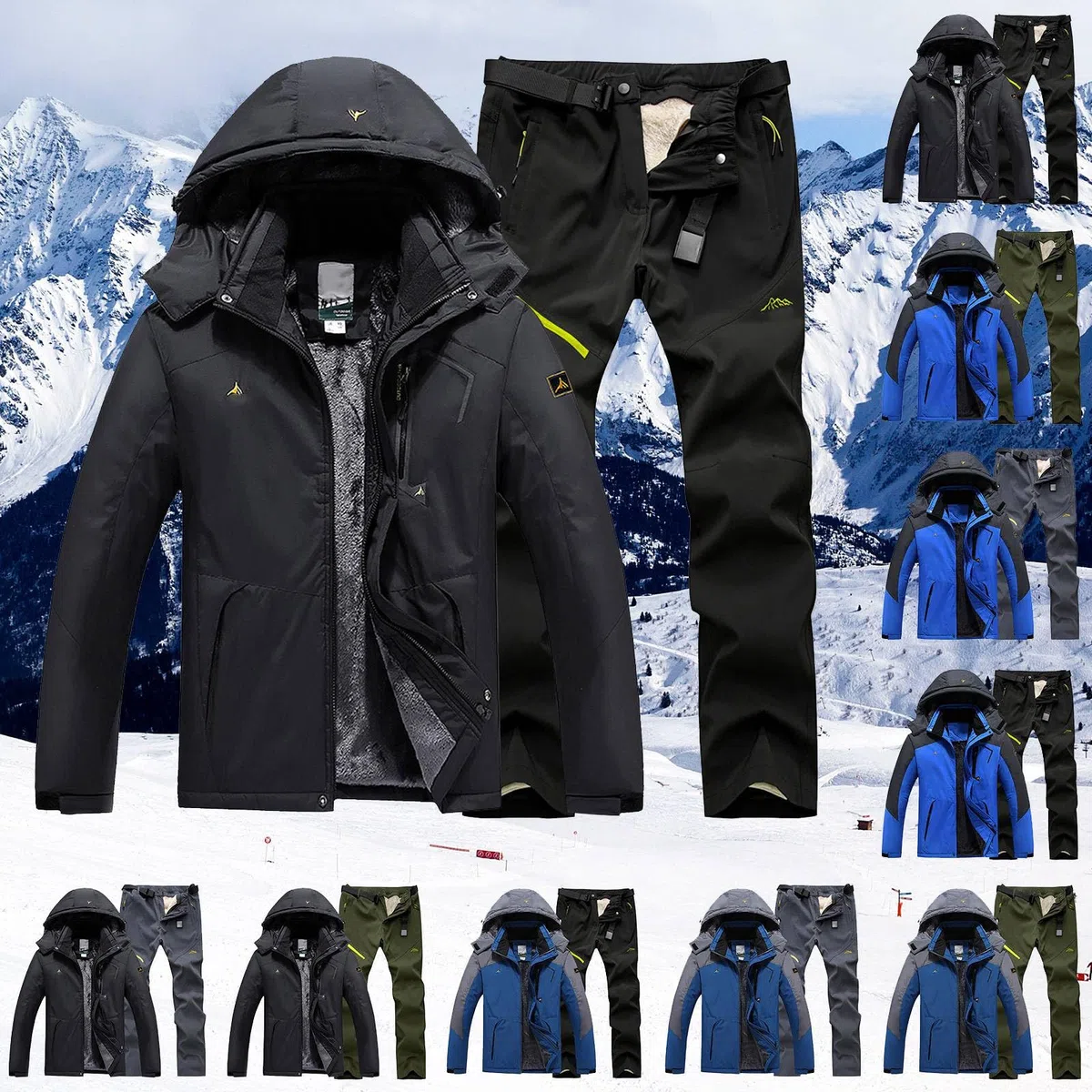 Generisch Traje de esquí para hombre, 2 piezas, cálido traje de nieve, chaqueta de esquí, chaqueta y pantalones, ropa de esquí con capucha, impermeable, abrigo de nieve