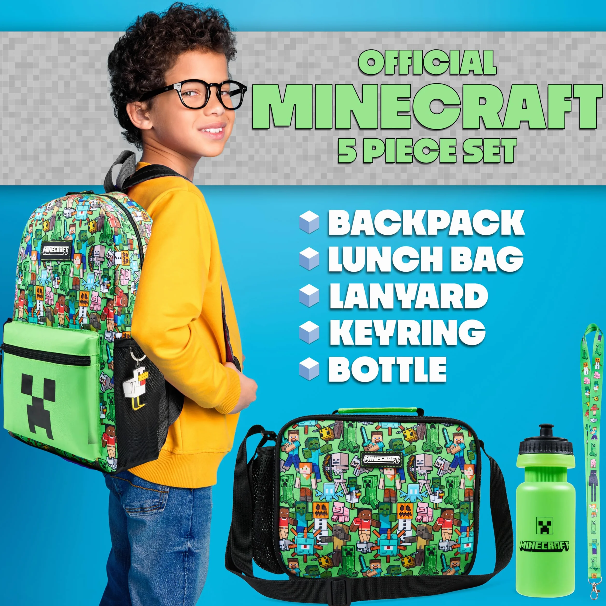 Minecraft Mochila Escolar Set de 5 Piezas Botella de Agua Bolsa Almuerzo Estuche Infantil Mochila Cuerdas o Llavero Correa con Cordón Material Escolar (Verde AOP)