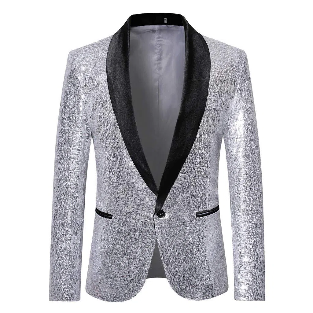 Generisch Blazer de lentejuelas para hombre, chaqueta de esmoquin brillante, con cuello de solapa, corte ajustado, traje de un botón