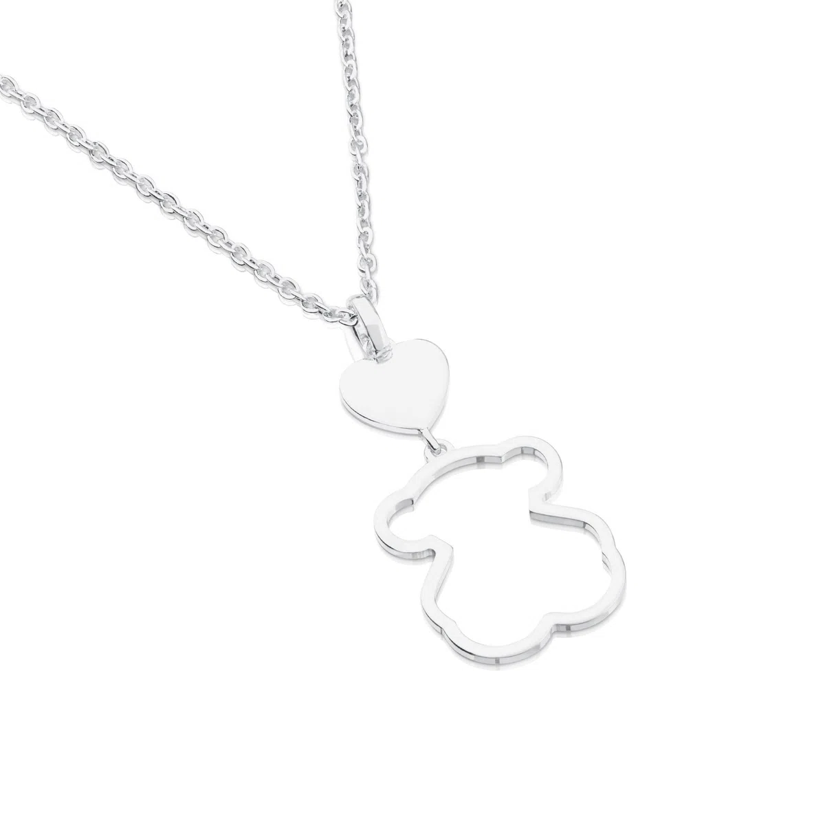 TOUS Collar de Plata de Primera Ley para Mujer con Colgante de Oso de 19 mm y Corazón de 8.6mm, 45 cm de Largo, Elegante y Versátil, Colección Silueta