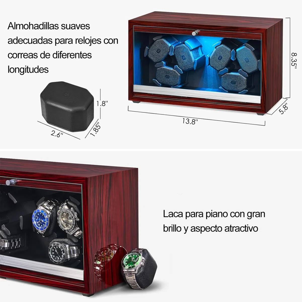 ANWBROAD Enrollador de reloj giratorio para 6 relojes con LED y motor súper silencioso, 4 modos de rotación, caja de bobinado, agitador con cable USB, regalo UJWW003Y