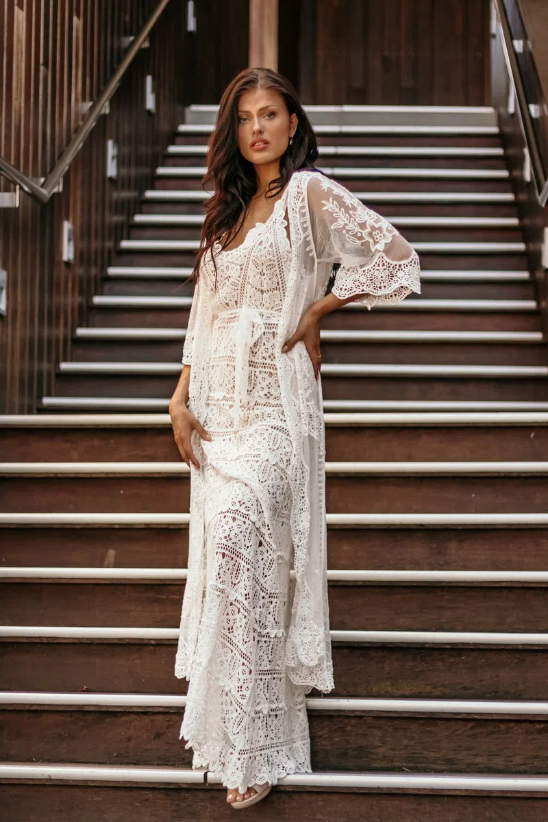 Miro Boho Chic Ibiza 89 Vestido de Novia Boho Chic Vestido Largo ibicenco de Encaje, sin Mangas. Escote V Talla Unica. Vestidos Ibicencos Mujer Blanco Vestidos Boho Largos Verano. Incluye Base.