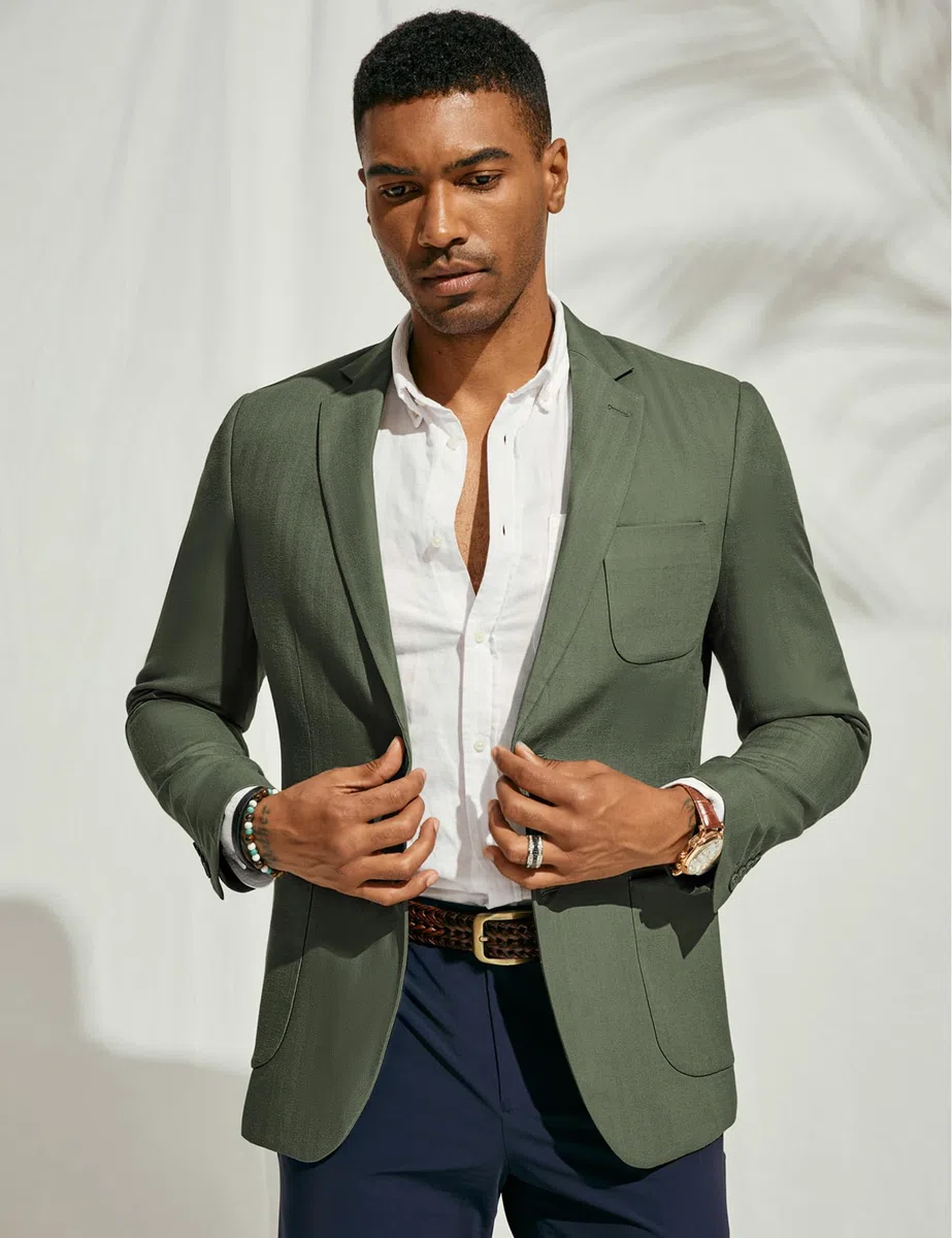 PJ PAUL JONES Chaqueta tipo blazer para hombre, de algodón y lino, ajuste regular, con dos botones, diseño de espiga