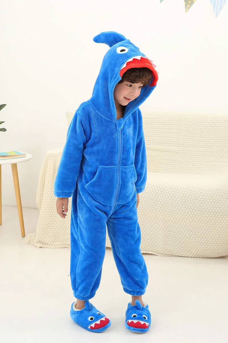 LOLANTA Disfraz Tiburón Niño,Buzo de Peluche con Capucha, Azul, 4-6 años, Talla M