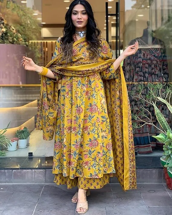 Kurta estampada Anarkali de mezcla de rayón para mujer con Palazzo y Dupatta