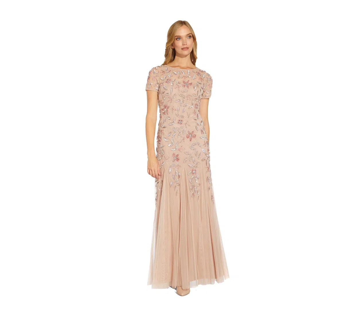 Adrianna Papell Floral Beaded Godet - Vestido de Manga Corta para Mujer