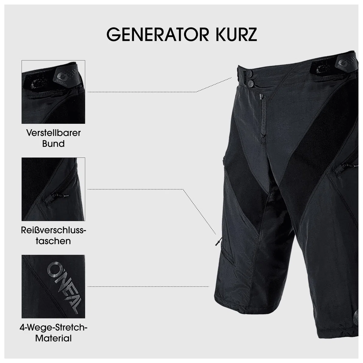 O'NEAL | Short Mountain Bike Shorts | MTB DH Downhill FR Freeride | Cierre a presión, Ajuste Seguro, Tejido de Rendimiento de Secado rápido | Pantalones Cortos de generador | Adulto | Negro