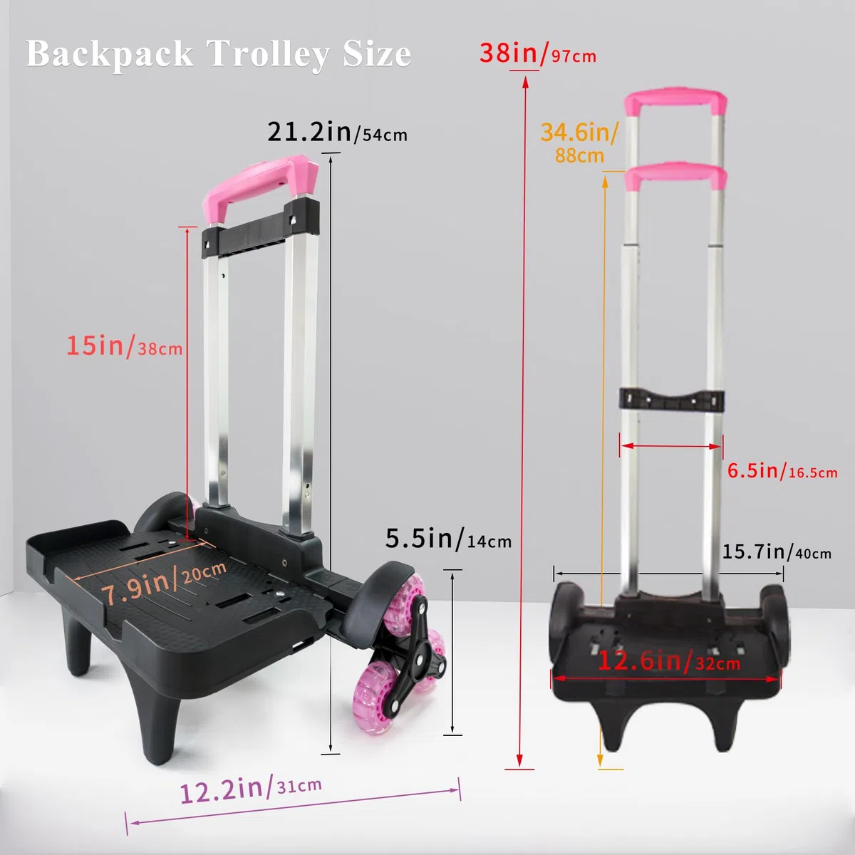 Carro de mochila con ruedas, carro de mano plegable de aleación de aluminio con 3 ruedas y correa de equipaje para mochilas y equipaje de viaje, carrito de mochila con base de protección de bordes