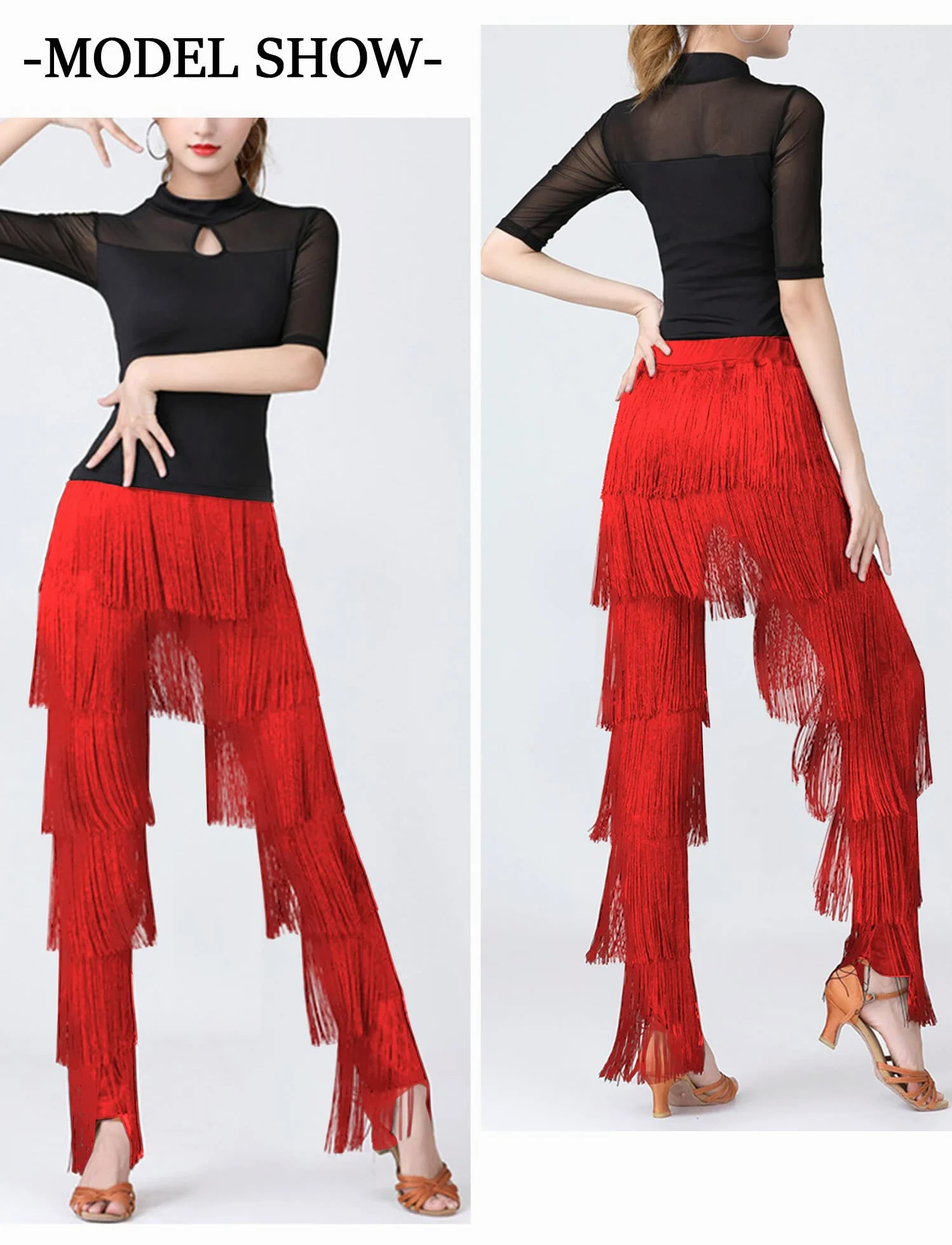 AIEOE Pantalones de Baile Latino para Mujer con Borla Elástica para Adulto Profesional con Flecos Rumba Tango Talla S-4XL
