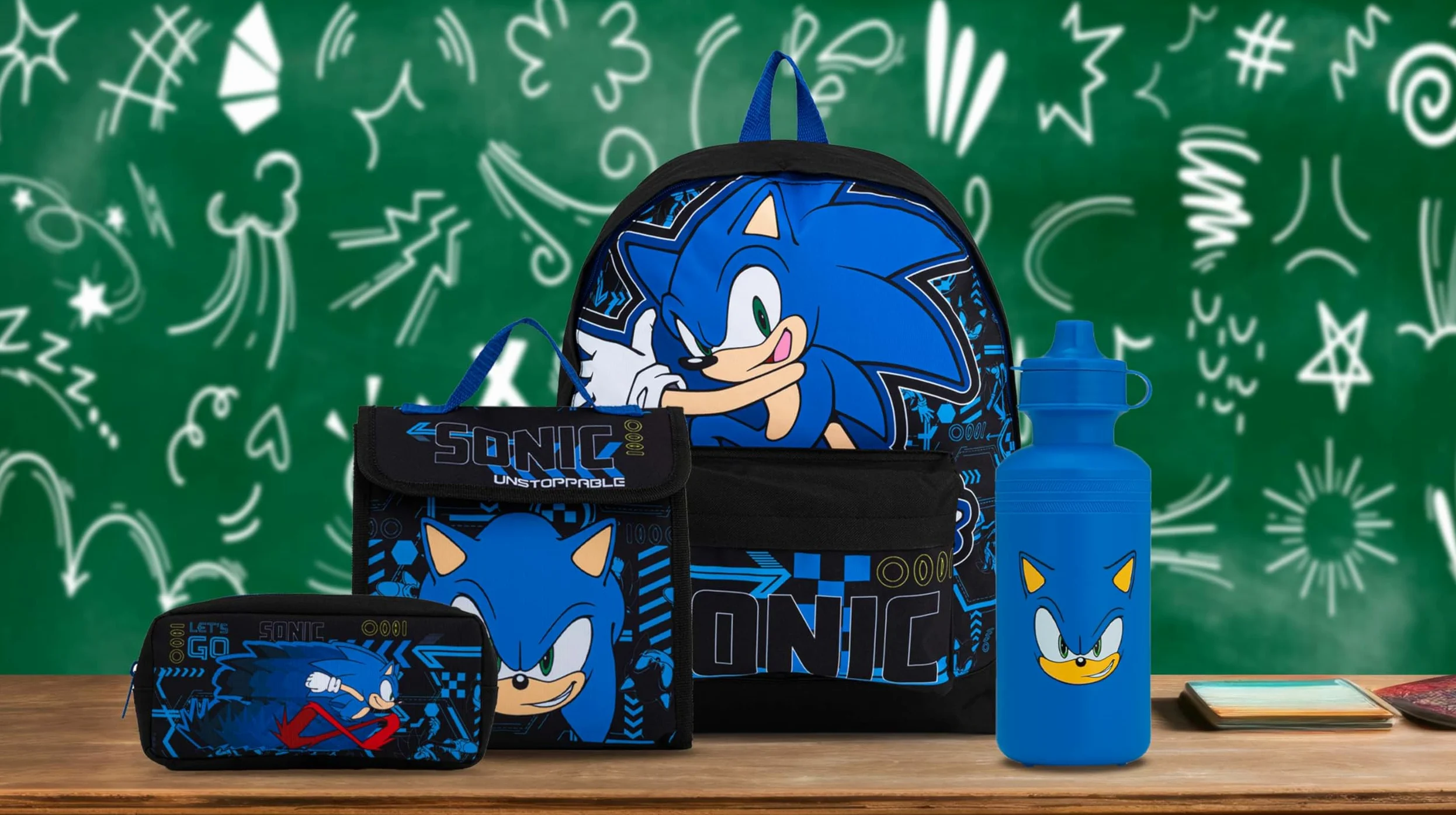 Mochila escolar Sonic The Hedgehog con bolsa de almuerzo, estuche y botella de agua, para niños con correas acolchadas ajustables