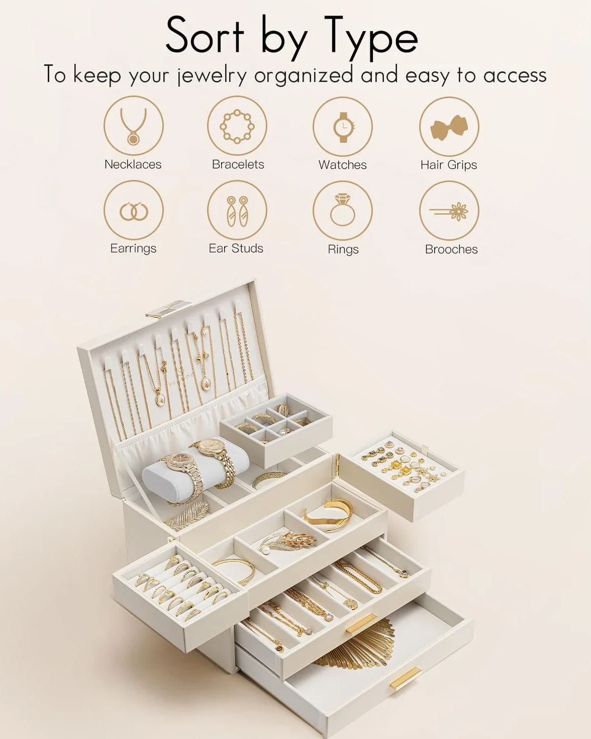 Vlando Joyero grande para mujer, almacenamiento de joyas con 2 cajones, bandeja organizador de joyas con cajón para collares, anillos, pulseras, pendientes, madres y niñas, beige