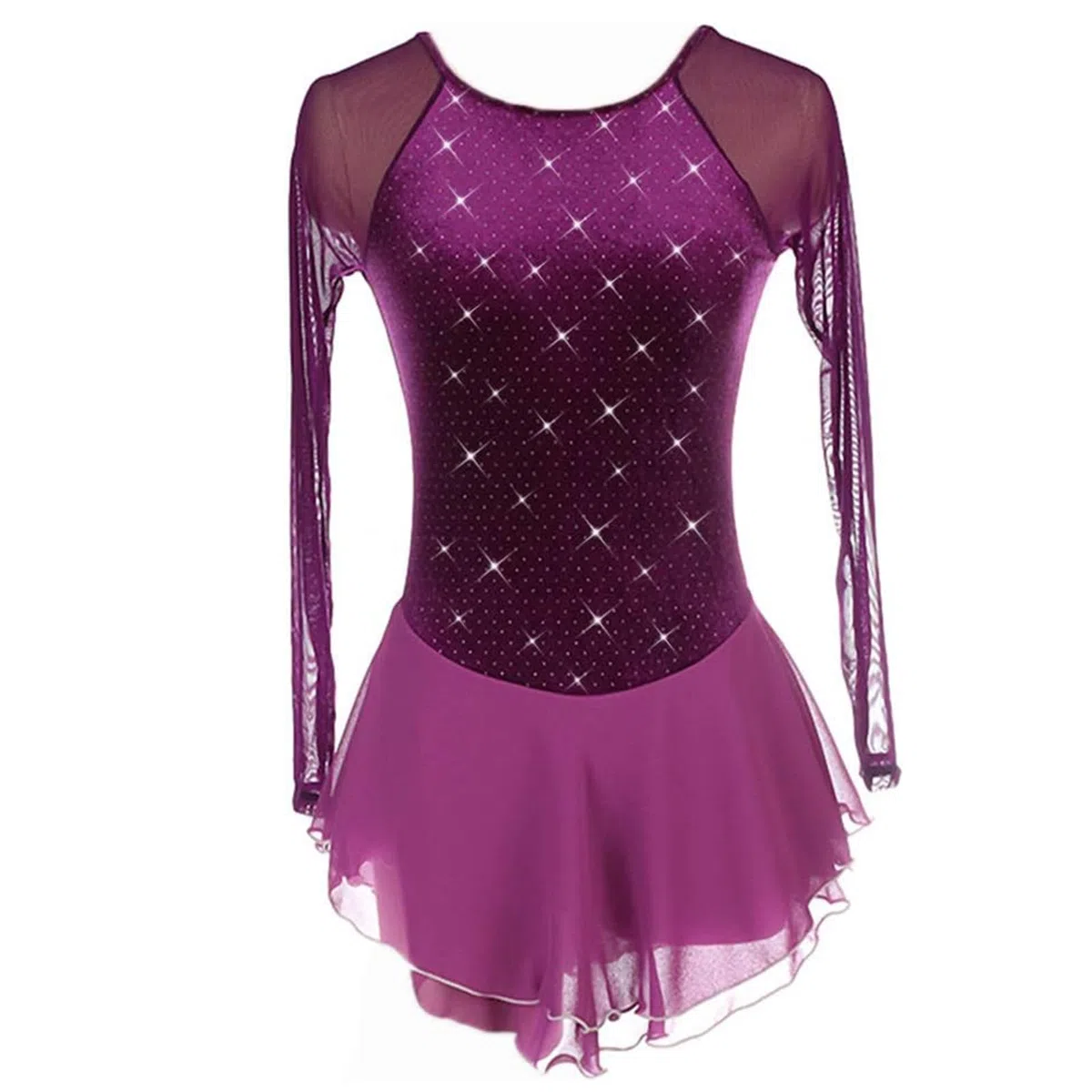 Vestido de Patinaje artístico para niñas, Color Morado, con Diamantes de imitación, Manga Larga, Disfraz de Baile