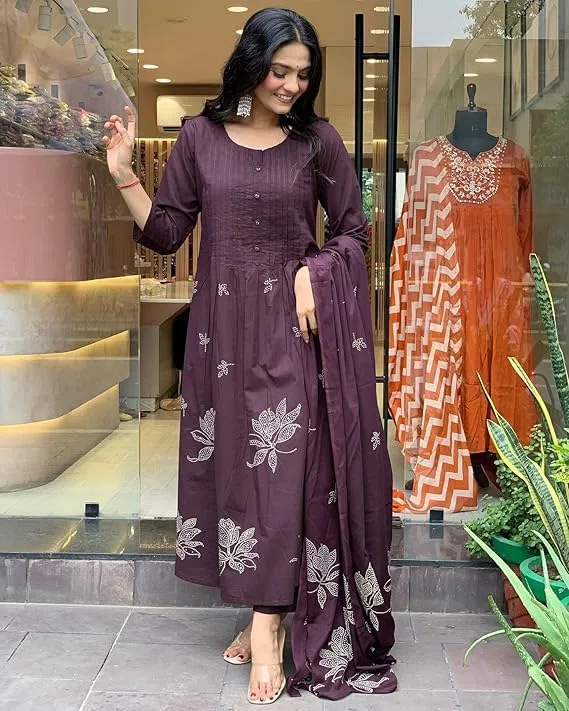 Kurta estampada Anarkali de viscosa de rayón para mujer con pantalón y dupatta
