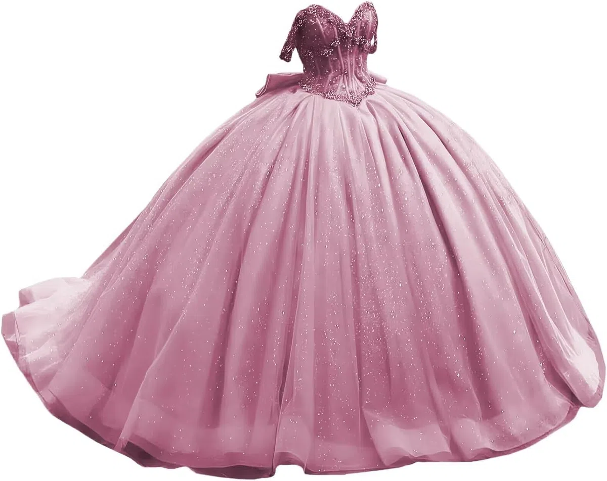 Vestidos de quinceañera con Hombros Descubiertos y Cuentas con Lazo, Vestidos de quinceañera Formales Largos para Fiesta de graduación MT034