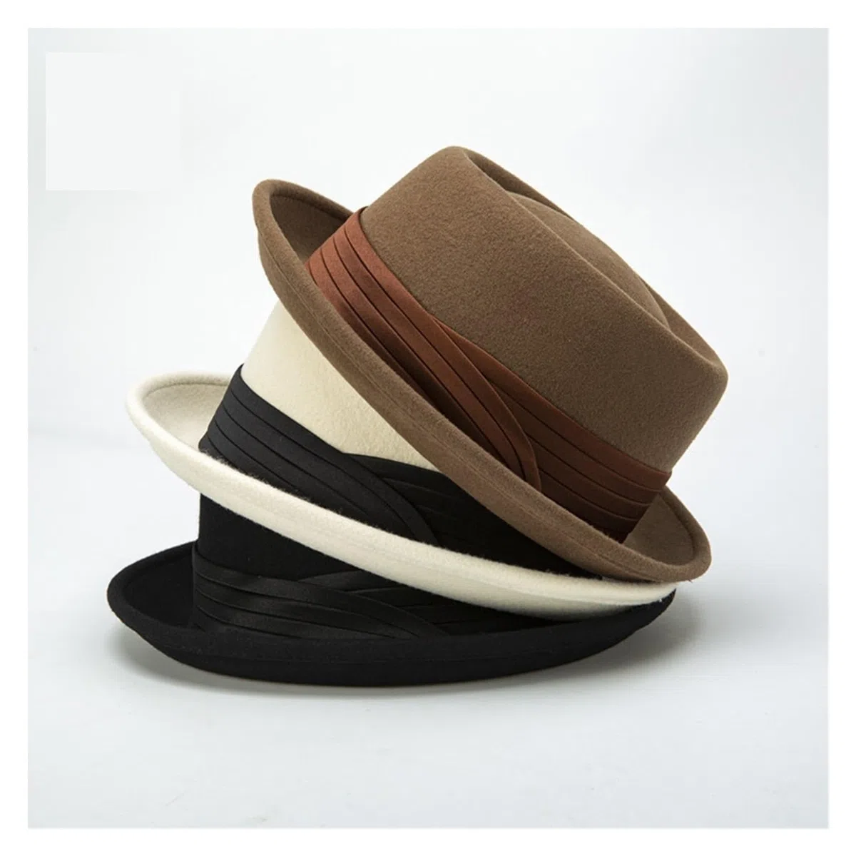 Sombrero Pork Pie de ala enrollada negro for hombre, sombrero Fedora lana blanca, gorra jazz invierno, caballeros Parte Superior Plana(Black,M 56 to 58cm)