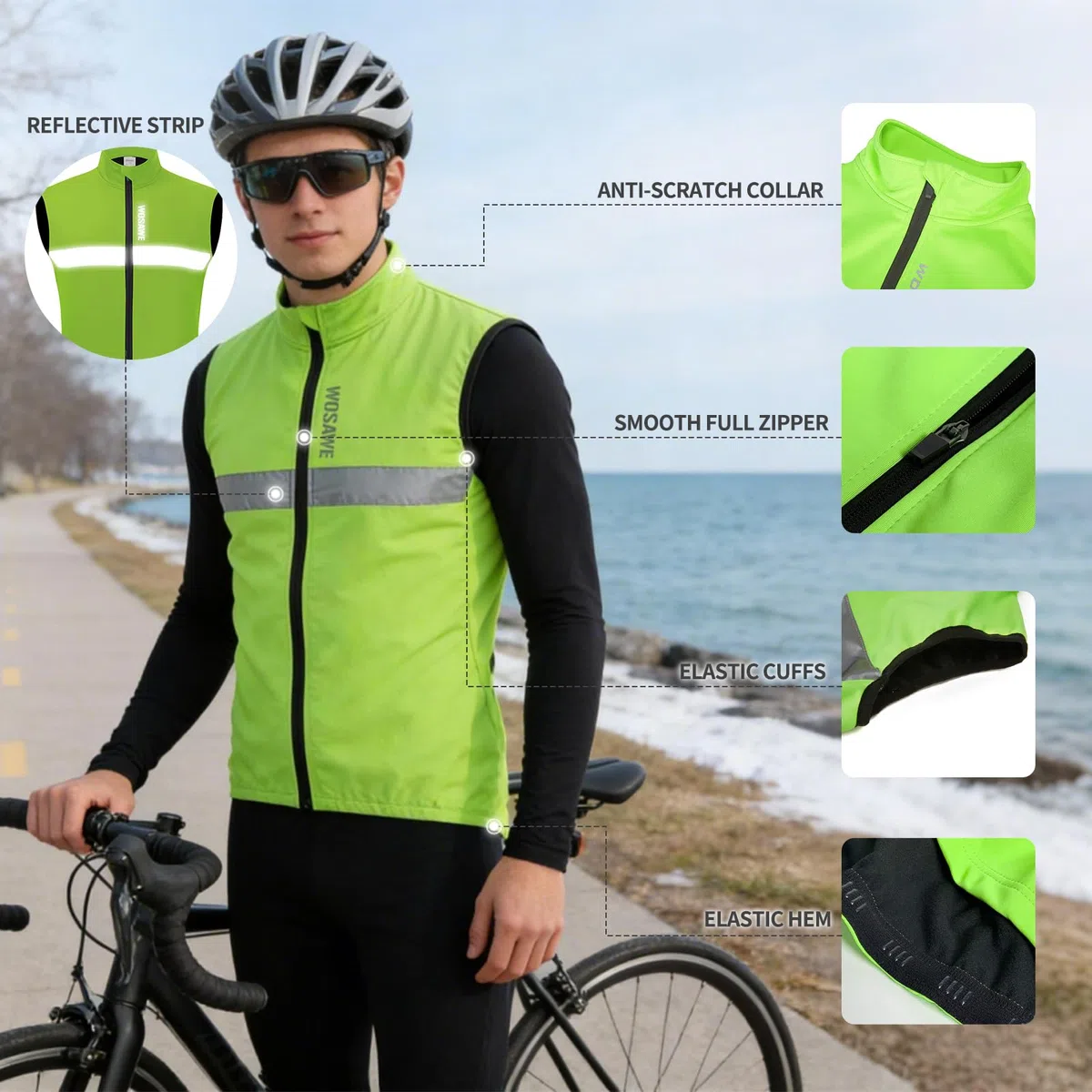 WOSAWE Chaleco de forro polar para hombre, sin mangas, reflectante, cortavientos